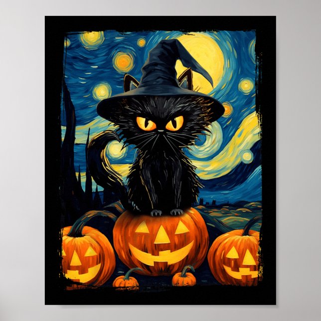 Witch Cat Starry Night Van Gogh Retro Halloween Ca Poster (Framsidan)