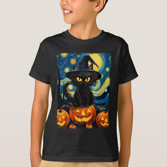 Witch Cat Starry Night Van Gogh Retro Halloween Ca T Shirt (Framsida)