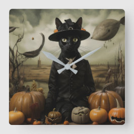 Witch Cat with Pumpkins Fyrkantig Klocka
