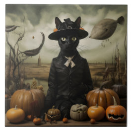 Witch Cat with Pumpkins  Kakelplatta