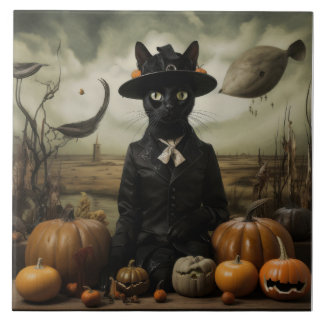 Witch Cat with Pumpkins  Kakelplatta