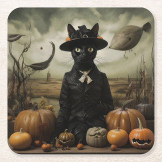 Witch Cat with Pumpkins  Underlägg Papper Kvadrat