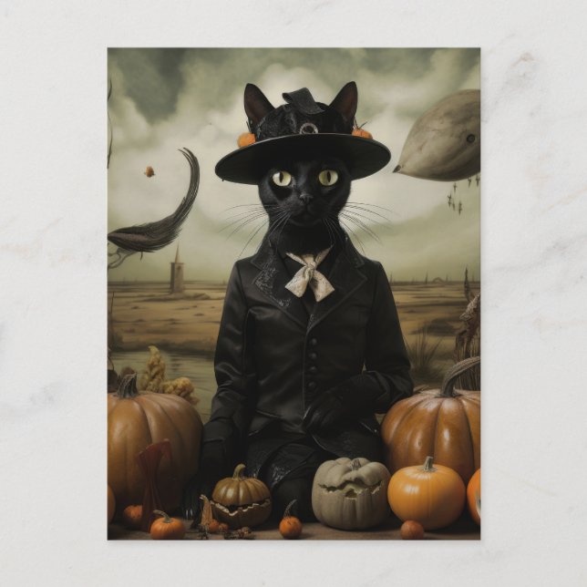 Witch Cat with Pumpkins  Vykort (Framsida)
