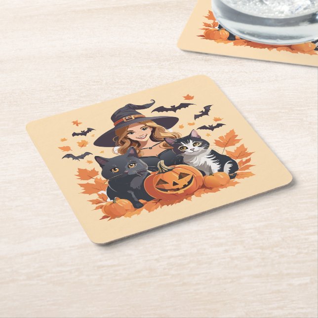 Witch Cats Fladdermus & Pumpkins Halloween Underlägg Papper Kvadrat (Vinklad)
