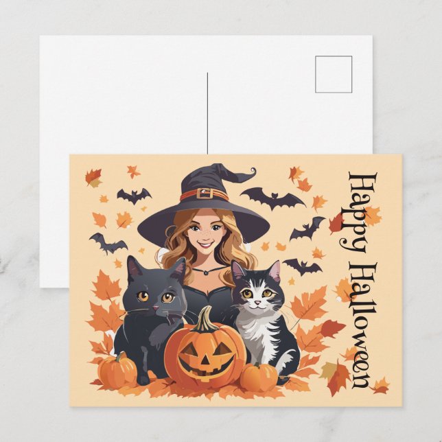 Witch Cats Fladdermus & Pumpkins Halloween Vykort (Fram/baksida)