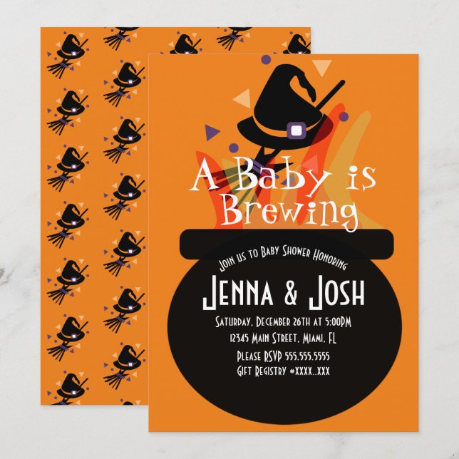 Witch Cauldron Spooky Halloween Baby Shower Orange Inbjudningar (Fram/baksida)