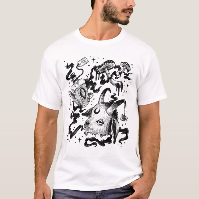 Witch Deadly Potion Goat Black and White T-Shirt (Framsida)