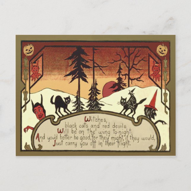 Witch Djävulen Jack O'Lantern Pumpkin Full Moon Vykort (Framsida)