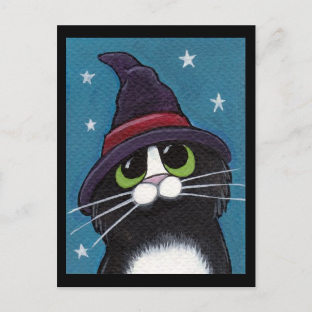 Witch Familiar Quirky Halloween Cat Illustration Vykort (Framsida)