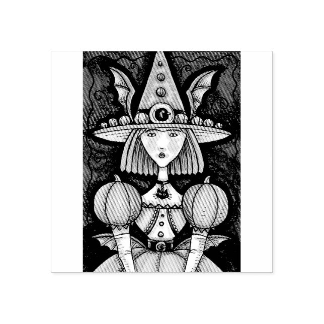 WITCH FLADDERMUS GIRL, GOTH HALLOWEEN GUBBER FRIMÄ STÄMPEL (Tryck)