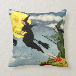 Witch Flies Broom Man i Måne Himlar Kudde