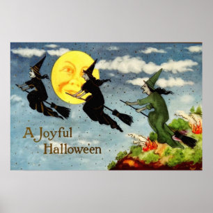 Witch Flies Broom Man i Måne Himlar Poster
