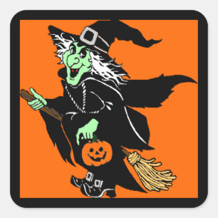 Witch Flies Halloween Tecknad Sticker Fyrkantigt Klistermärke
