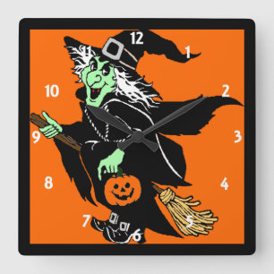 Witch Flies Halloween Tecknad Wall Clock Fyrkantig Klocka