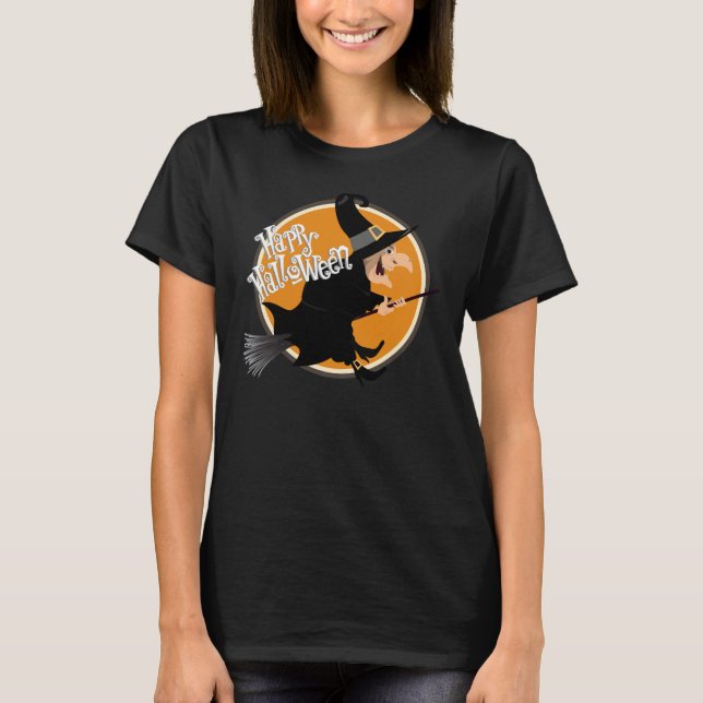 Witch Flies på Broomstick Happy halloween T-shirt (Framsida)