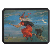 Witch Flies with Black Cat on Halloween Natt