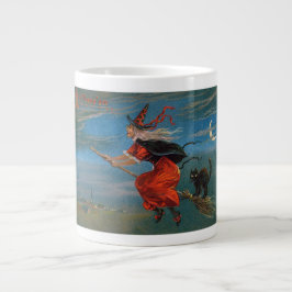 Witch Flies with Black Cat on Halloween Natt Jumbo Mugg