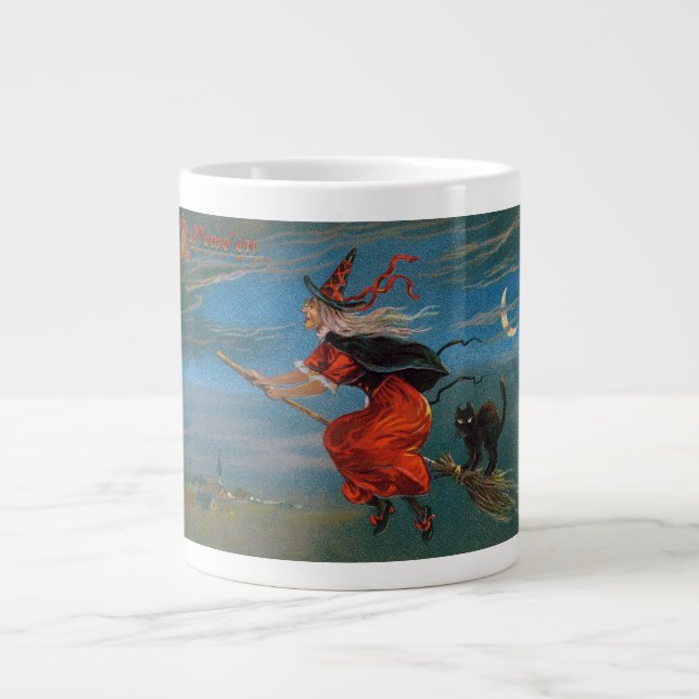 Witch Flies with Black Cat on Halloween Natt Jumbo Mugg (Framsidan)