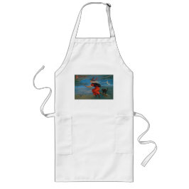 Witch Flies with Black Cat on Halloween Natt Långt Förkläde