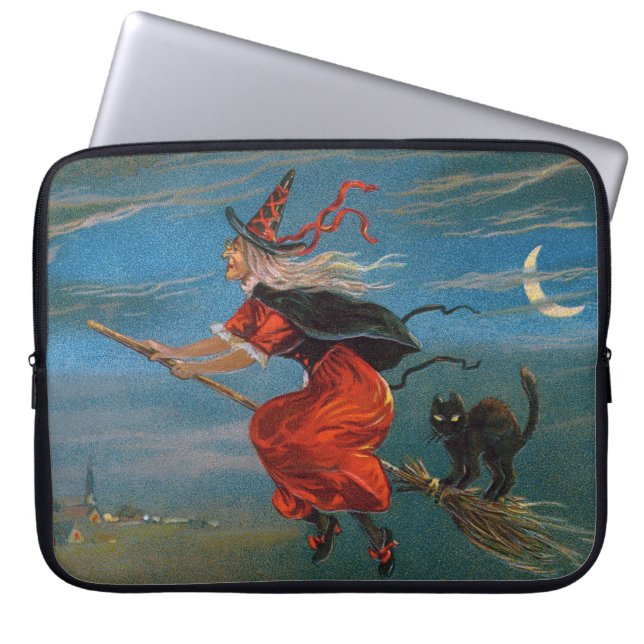Witch Flies with Black Cat on Halloween Natt Laptop Fodral (Framsidan)