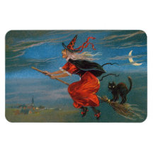 Witch Flies with Black Cat on Halloween Natt