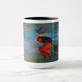 Witch Flies with Black Cat on Halloween Natt Mugg