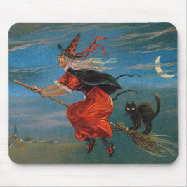 Witch Flies with Black Cat on Halloween Natt Musmatta