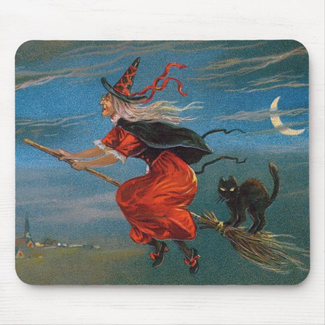 Witch Flies with Black Cat on Halloween Natt Musmatta (Framsidan)