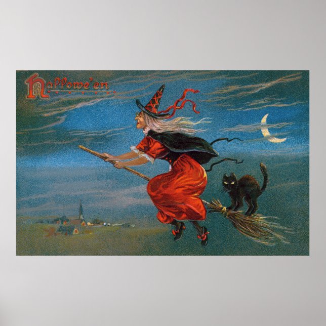 Witch Flies with Black Cat on Halloween Natt Poster (Framsidan)