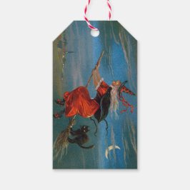 Witch Flies with Black Cat on Halloween Natt Presentetikett