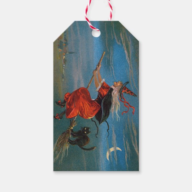 Witch Flies with Black Cat on Halloween Natt Presentetikett (Framsidan)