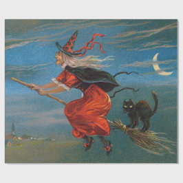 Witch Flies with Black Cat on Halloween Natt Presentpapper