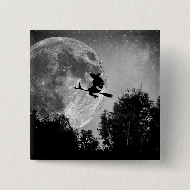 Witch flying on the broom with her cat knapp (Framsida)