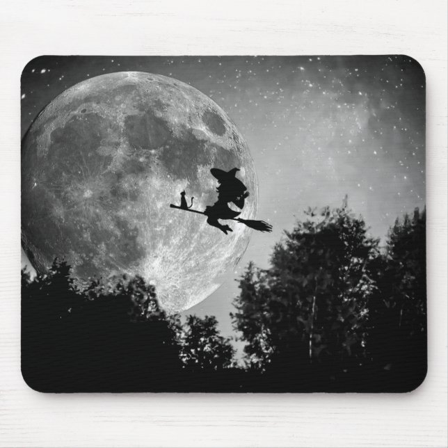 Witch flying on the broom with her cat musmatta (Framsidan)