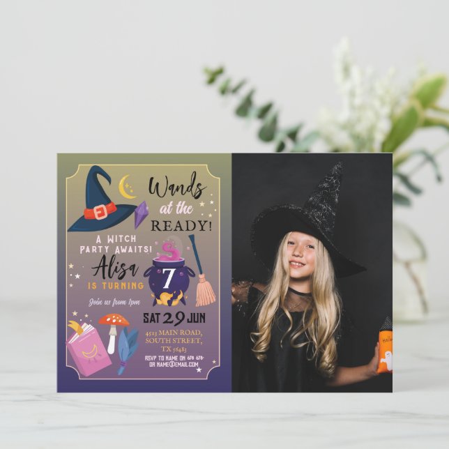 Witch Födelsedagsfest Trollspö Redo Girls Rosa Pho Inbjudningar (Stående Fram)