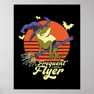 Witch Frog Frequent Flyer Riding Broom Halloween Poster