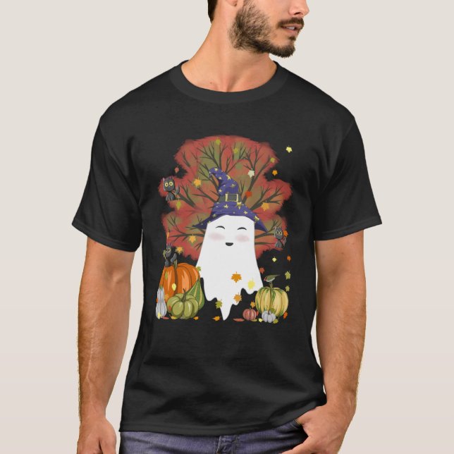 Witch Ghost Cat Pumpkin Coffee Älskare Höst löv H T Shirt (Framsida)