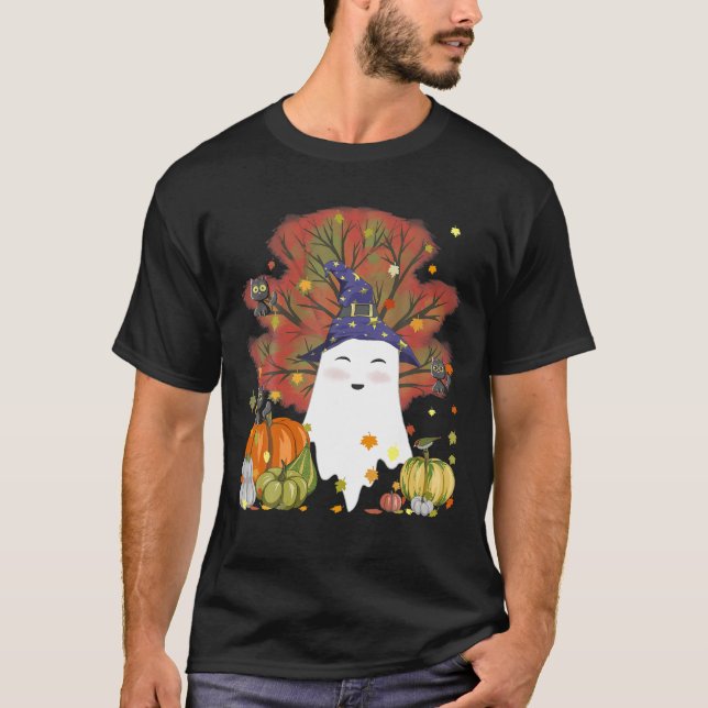 Witch Ghost Cat Pumpkin Coffee Älskare Höst löv H T Shirt (Framsida)