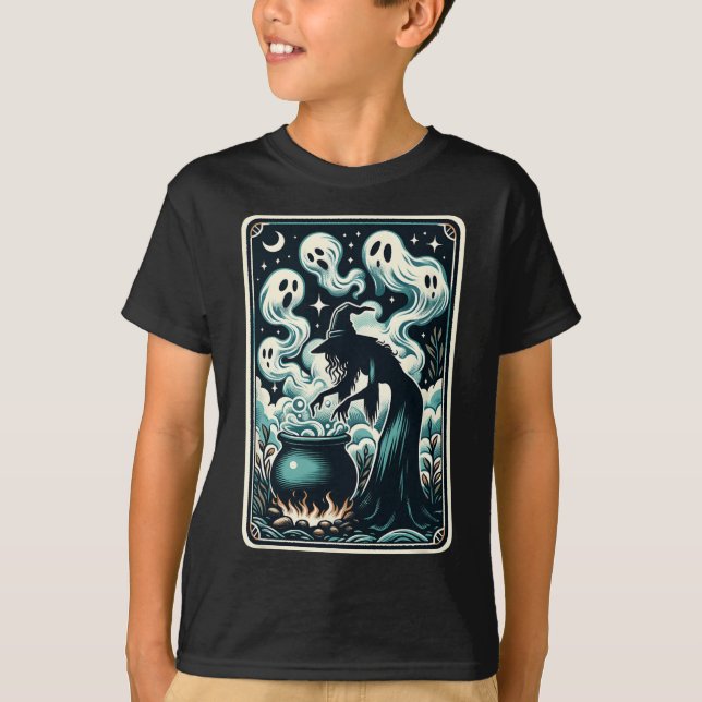 Witch Ghost Cauldron Gothic Supernatural Tarot Car T Shirt (Framsida)