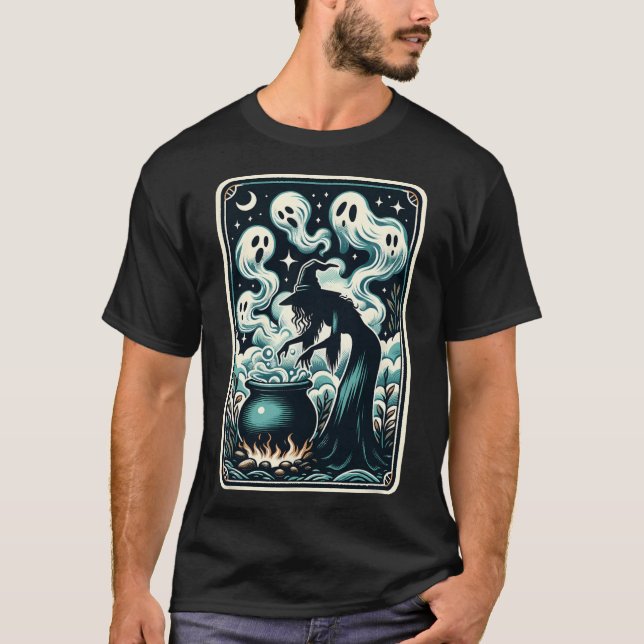 Witch Ghost Cauldron Gothic Supernatural Tarot Car T Shirt (Framsida)