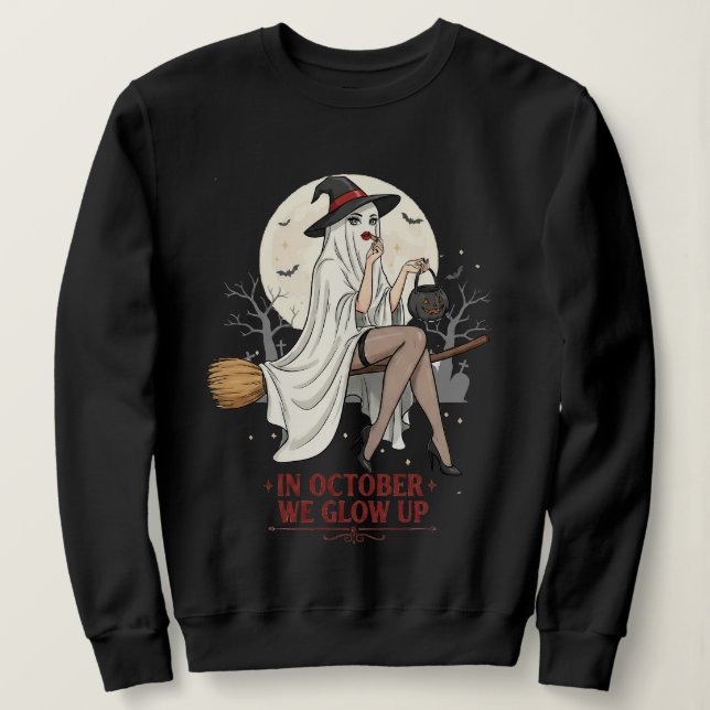 Witch Ghost Halloween Design – In October We Glow  T Shirt (Design framsida)
