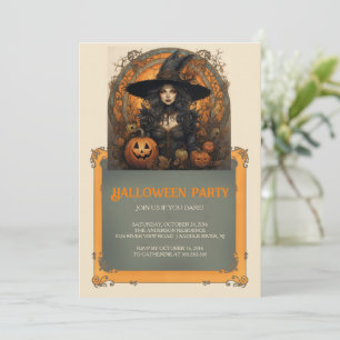 Witch Girl and Pumpkins Gothic Halloween Inbjudningar