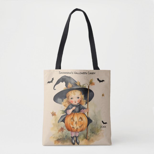 Witch Girl Anpassningsbar Halloween Candy Tygkasse (Framsida)