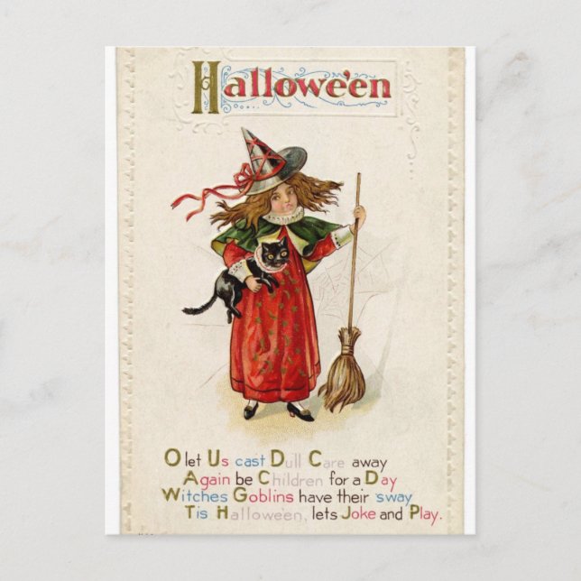 Witch Girl Cat Halloween Rhyme-vykort Vykort (Framsida)