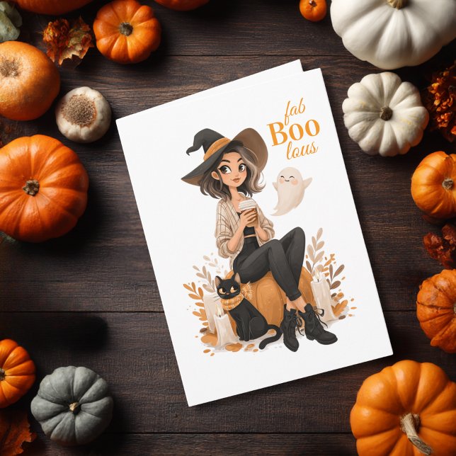 Witch Girl Coffee Cat & Pumpkin Cute Halloween Kort (Skapare uppladdad)