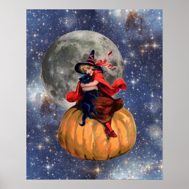 Witch Girl och Cat Måne Halloween Poster (Framsidan)