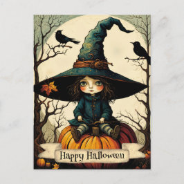 Witch Girl Pumpkin Happy halloween Vykort