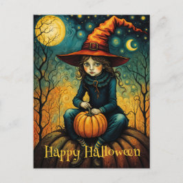 Witch Girl satt på en pumpkin Halloween Vykort