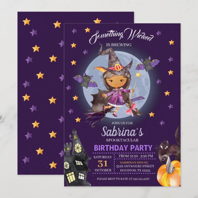 Witch Halloween Barns födelsedag-partiets inbjudan (Fram/baksida)