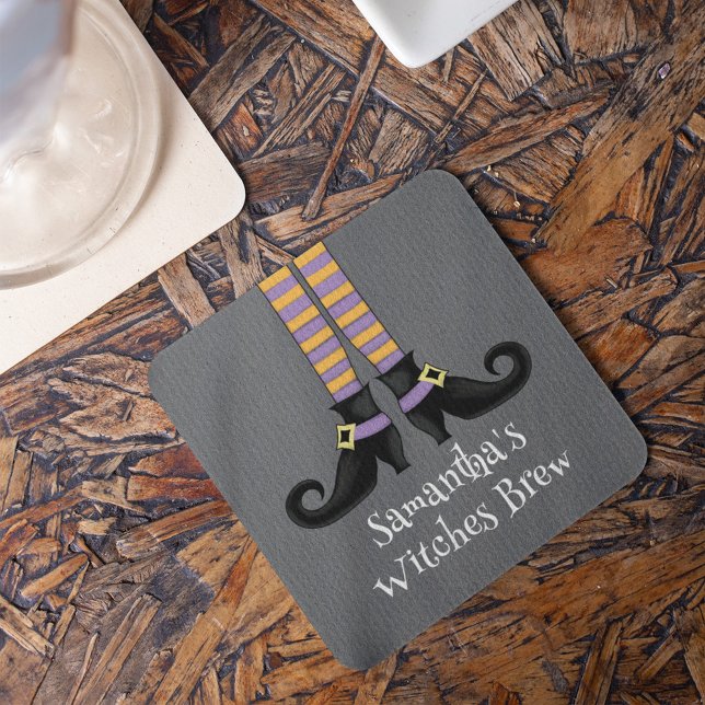 Witch Halloween Cute Anpassningsbar Party Underlägg Papper Kvadrat (Cute Witches Brew Halloween Party Paper Coaster.)